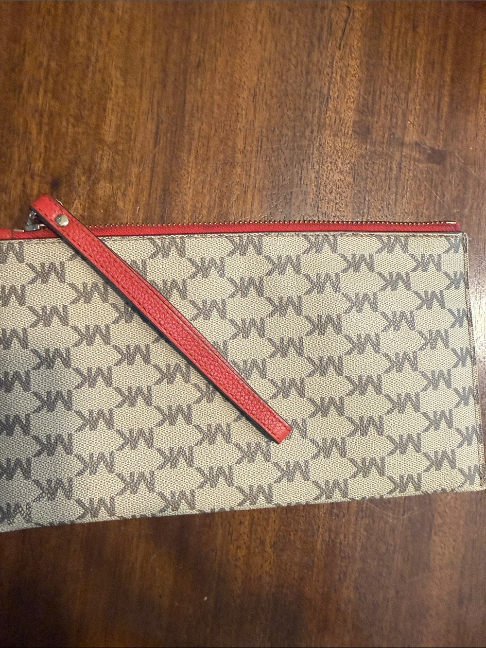 Michael Kors Beige Brown MK Monogram Zip Pouch with Red Trim - Picture 4 of 4